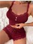 Bordo Dantel Işlemeli Fitilli Askılı Şortlu Pijama Takımı 1