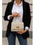 Kadın Çizgili Inci Saplı Krem Küçük Boy Clutch Çanta 1