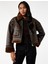 Uzun Kollu Cepli Fermuarlı Peluş Yaka Suni Süet Crop Biker Ceket 2