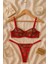 Kırmızı Kalp Desenli Transparan Tül Bralet Tanga Takım 1