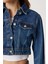 Polo Yaka Crop Denim Ceket LFG0177 Mavi 4