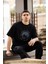 Unisex Bisiklet Yaka Baskılı Oversize T-Shirt - Siyah 4