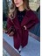Bordo Kuşaklı Astarlı Oversize Kol Detay Yün Kaban 5