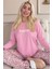 Pembe Bonjour Desenli Uzun Kollu Bambu Örme Kadın Pijama Takımı 1