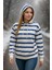 3 Iplik Şardonlu Kalın Kapuşonlu Kanguru Cepli Çizgili Kadın Sweatshirt 1