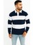 Erkek Polo Yaka Uzun Kollu Çizgili Sweatshirt Trend Rugby Stil - Lacivert 1