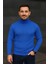 Erkek Balıkcı Yaka Bağazlı Triko Kazak Pamuklu Kalın Fitilli Dokuma, Regular Fit Uzun Kollu Kışlık Model - Saks Mavisi 3