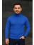 Erkek Balıkcı Yaka Bağazlı Triko Kazak Pamuklu Kalın Fitilli Dokuma, Regular Fit Uzun Kollu Kışlık Model - Saks Mavisi 3
