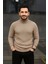 Erkek Balıkcı Yaka Bağazlı Triko Kazak Pamuklu Kalın Fitilli Dokuma, Regular Fit Uzun Kollu Kışlık Model - Bej 1
