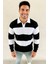 Erkek Polo Yaka Uzun Kollu Çizgili Sweatshirt Trend Rugby Stil - Siyah 1