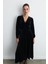 V Yakalı Uzun Kadife Elbise - Siyah 2