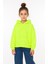 Kız Çocuk Kapşonlu Fosforlu Yeşil Sweatshirt - Yıldız Desenli Yazı Nakışlı Çocuk Sweat 1