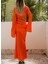 Turuncu Saten Çan Kollu Etek Bluz Takım – Önü Bağlamalı Kısa Üst ve Uzun Etek Saten Takım 4