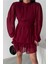Şifon Katlı Uzun Kol Elbise - Bordo 1