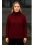 Kadın Balıkcı Yaka Bağazlı Triko Kazak Pamuklu Kalın Fitilli Dokuma - Bordo 2