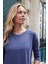 Kadın Kaliteli Modal Esnek Kumaş Geniş Sıfır Yaka Kapri Truvakar Kol Hafif Salaş Bluz-Indigo 6