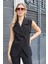 Kadın Geniş Yakalı Cepli Kruvaze Düğmeli Hafif Esnek Kumaş Şık Yelek-Siyah 2