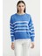 Oversize Çizgi Detaylı Triko Kazak - Mavi 1