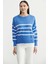 Oversize Çizgi Detaylı Triko Kazak - Mavi 2