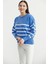 Oversize Çizgi Detaylı Triko Kazak - Mavi 4