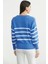 Oversize Çizgi Detaylı Triko Kazak - Mavi 5