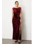 Kadın Beli Büzgülü Maxi Kadife Elbise 4141 Bordo 1