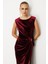 Kadın Beli Büzgülü Maxi Kadife Elbise 4141 Bordo 3