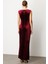 Kadın Beli Büzgülü Maxi Kadife Elbise 4141 Bordo 4