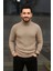 Erkek Balıkcı Yaka Bağazlı Triko Kazak Pamuklu Kalın Fitilli Dokuma, Regular Fit Uzun Kollu Kışlık Model - Bej 1