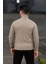 Erkek Balıkcı Yaka Bağazlı Triko Kazak Pamuklu Kalın Fitilli Dokuma, Regular Fit Uzun Kollu Kışlık Model - Bej 3