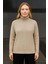 Kadın Balıkcı Yaka Bağazlı Triko Kazak Pamuklu Kalın Fitilli Dokuma - Bej 2