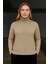 Kadın Balıkcı Yaka Bağazlı Triko Kazak Pamuklu Kalın Fitilli Dokuma - Bej 3