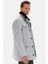 Slim Fit Gri Düz Çıkarılabilir Kürklü Kaban 6