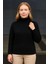 Kadın Balıkcı Yaka Bağazlı Triko Kazak Pamuklu Kalın Fitilli Dokuma - Siyah 2