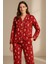 Kadın Teddy Desenli Yılbaşı Temalı Pijama Takımı Kırmızı 3