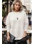 Kadın Ekru Kırık Beyaz Geometrik Geyik Kalın Soft 3 Iplik Şardonlu 0 Sıfır Yaka Oversize Salaş Sweat 1