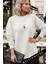 Kadın Ekru Kırık Beyaz Geometrik Geyik Kalın Soft 3 Iplik Şardonlu 0 Sıfır Yaka Oversize Salaş Sweat 4