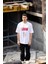 Unisex Bisiklet Yaka Baskılı Oversize T-Shirt - Beyaz 3
