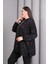 Kadın Büyük Beden Siyah, Kapüşonlu Fermuarlı, Ön ve Kollar Taş Detaylı Astarsız Tunik Ceket 65N39196 4