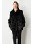 Kadın Büyük Beden Metal Aksesuarlı Peluş Kaban 6305 Siyah 4