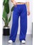 Saks Mavi Yüksek Bel Fitilli Bol Paça Triko Pantolon 1