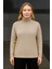 Kadın Balıkcı Yaka Bağazlı Triko Kazak Pamuklu Kalın Fitilli Dokuma - Bej 2