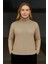 Kadın Balıkcı Yaka Bağazlı Triko Kazak Pamuklu Kalın Fitilli Dokuma - Bej 3