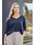 Kadın Kaliteli Modal Esnek Kumaş V Yaka Düşük Omuzlu Kapri Truvakar Kol Hafif Salaş Bluz-Lacivert 5