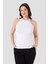 Kadın Pamuklu Fitilli Görünümlü Halter Yaka Basic Beyaz Atlet 1
