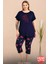 Lady Büyük Beden Çiçek Desenli Lacivert Bisiklet Yaka Kısa Kollu Kapri Pijama Takımı 1