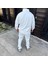 Erkek Çift Şeritli Eşofman Takım Dik Yaka Fermuarlı Sweatshirt Boru Paça Alt, Oversize 3 Iplik Pamuklu - Beyaz 4