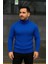 Erkek Balıkcı Yaka Bağazlı Triko Kazak Pamuklu Kalın Fitilli Dokuma, Regular Fit Uzun Kollu Kışlık Model - Saks Mavisi 1