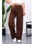 Kahverengi Yüksek Bel Fitilli Bol Paça Triko Pantolon 1