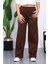 Kahverengi Yüksek Bel Fitilli Bol Paça Triko Pantolon 2